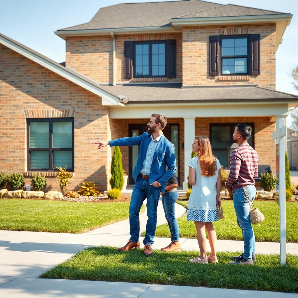 Real estate agent showing a family a suburban home for sale
