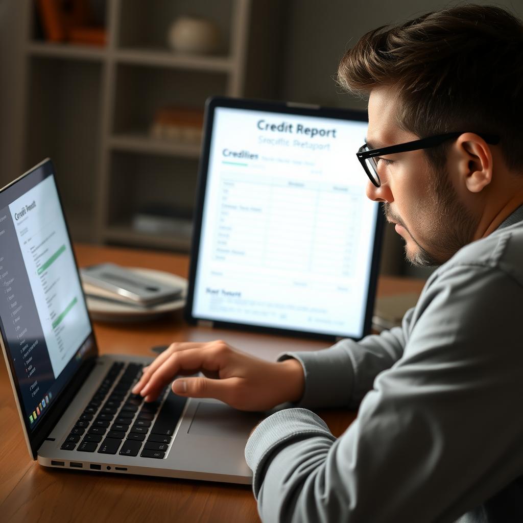 A person sitting at a desk with a laptop, reviewing their credit report with a focused expression.