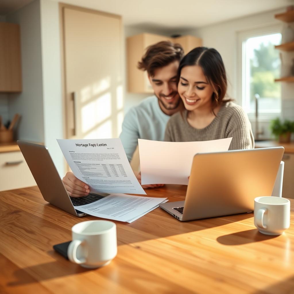 Young couple reviewing mortgage pre-approval documents at a kitchen table.