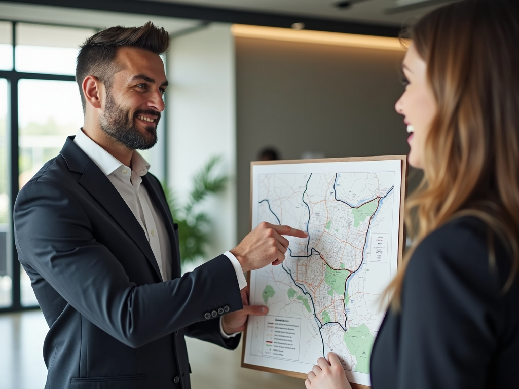Agent explaining neighborhood map to client in office