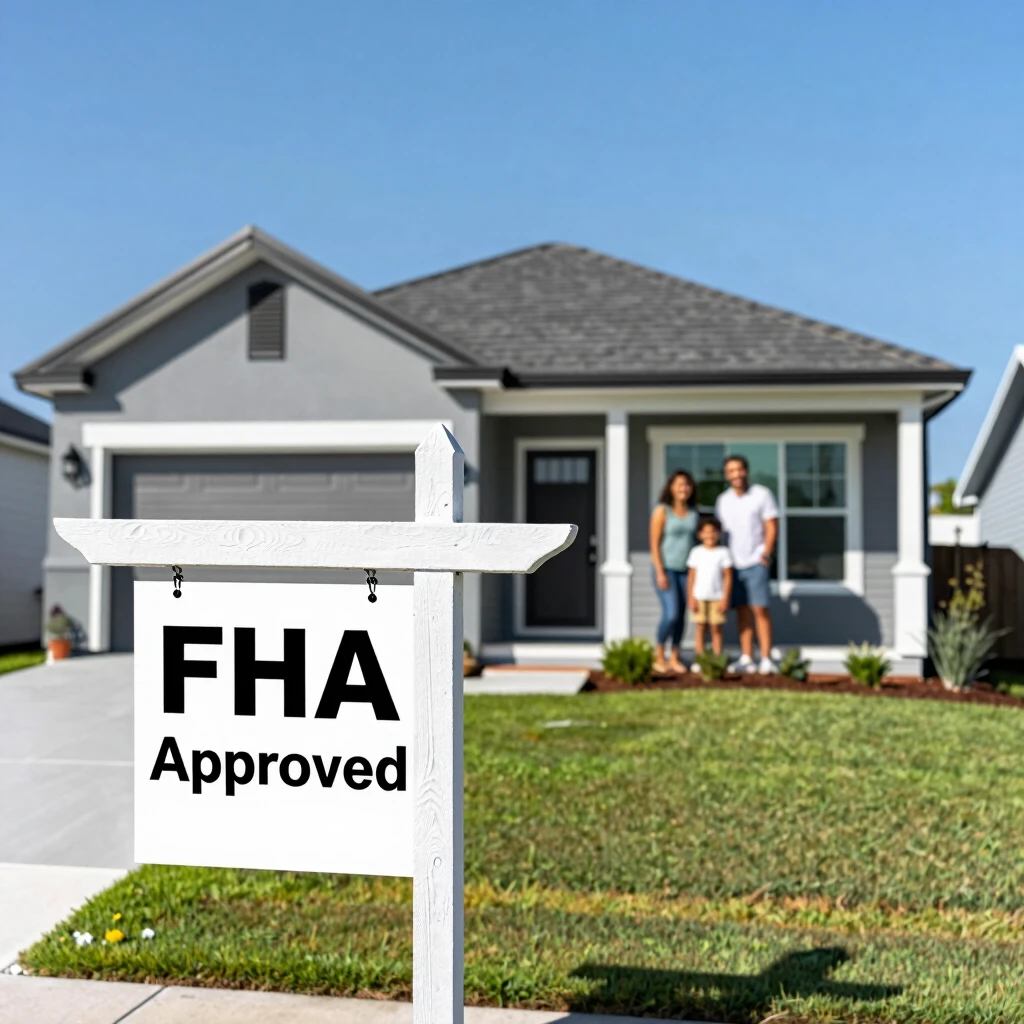 Modern home with FHA approved sign and happy family