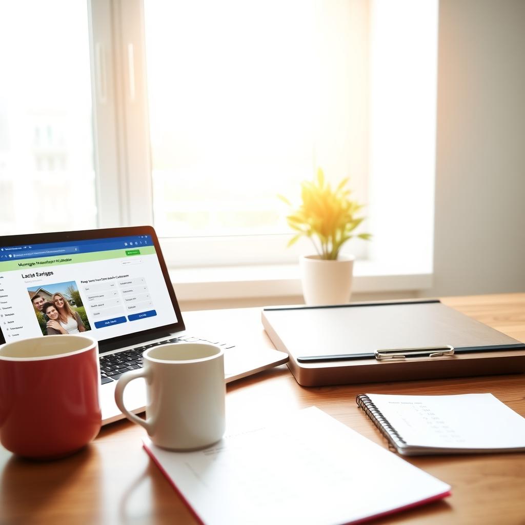 Modern home office with a laptop showing a mortgage calculator, a notepad, and a coffee mug on a desk.