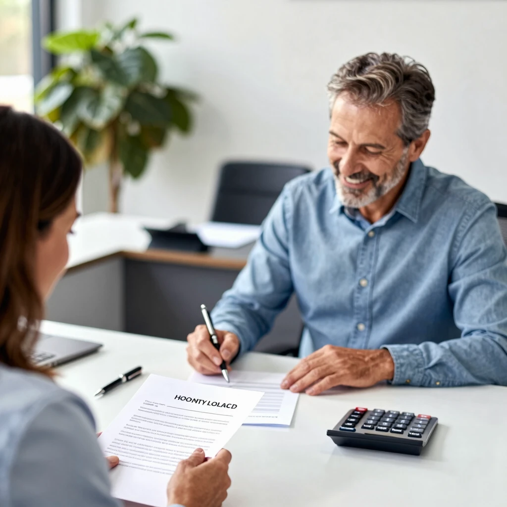 Homeowner signing home equity loan agreement at a bank