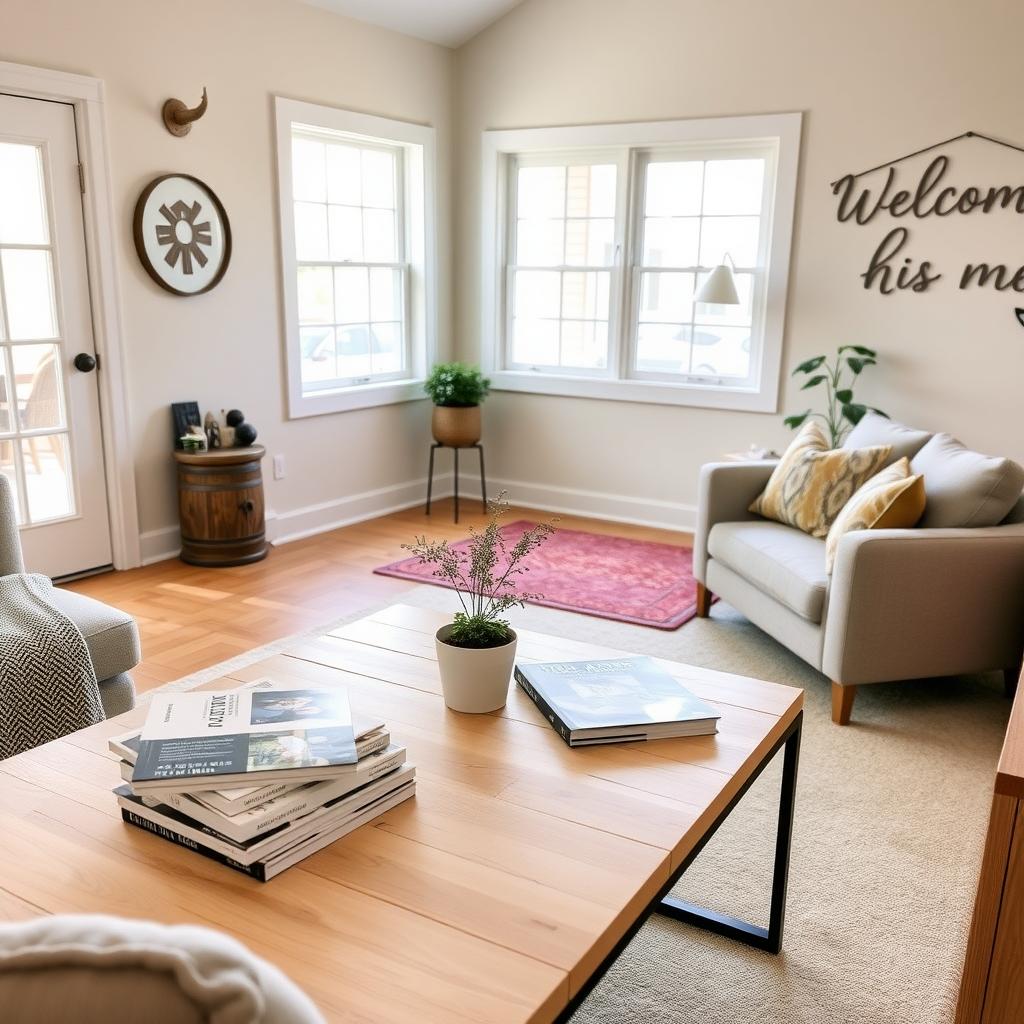 Cozy living room in a starter home with a sofa, coffee table, and 'Welcome Home' sign.
