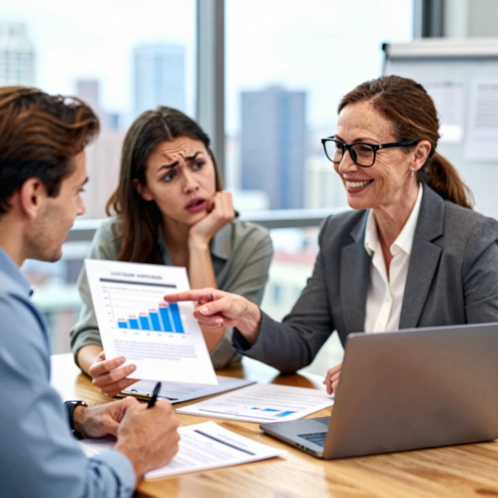 A mortgage broker consulting with a young couple on home loan options in a professional office setting.