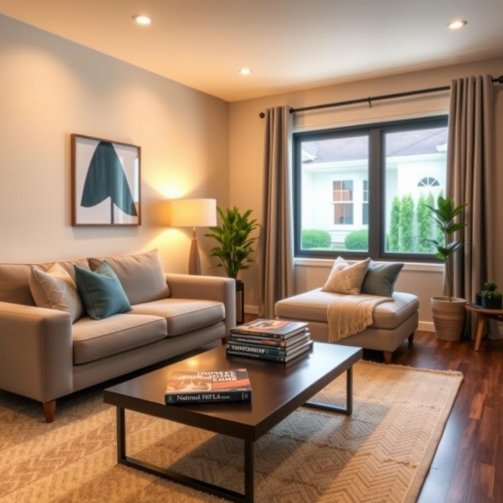 Cozy living room in a home purchased with an FHA loan, with a sofa, warm lighting, and a view of a tidy front yard.