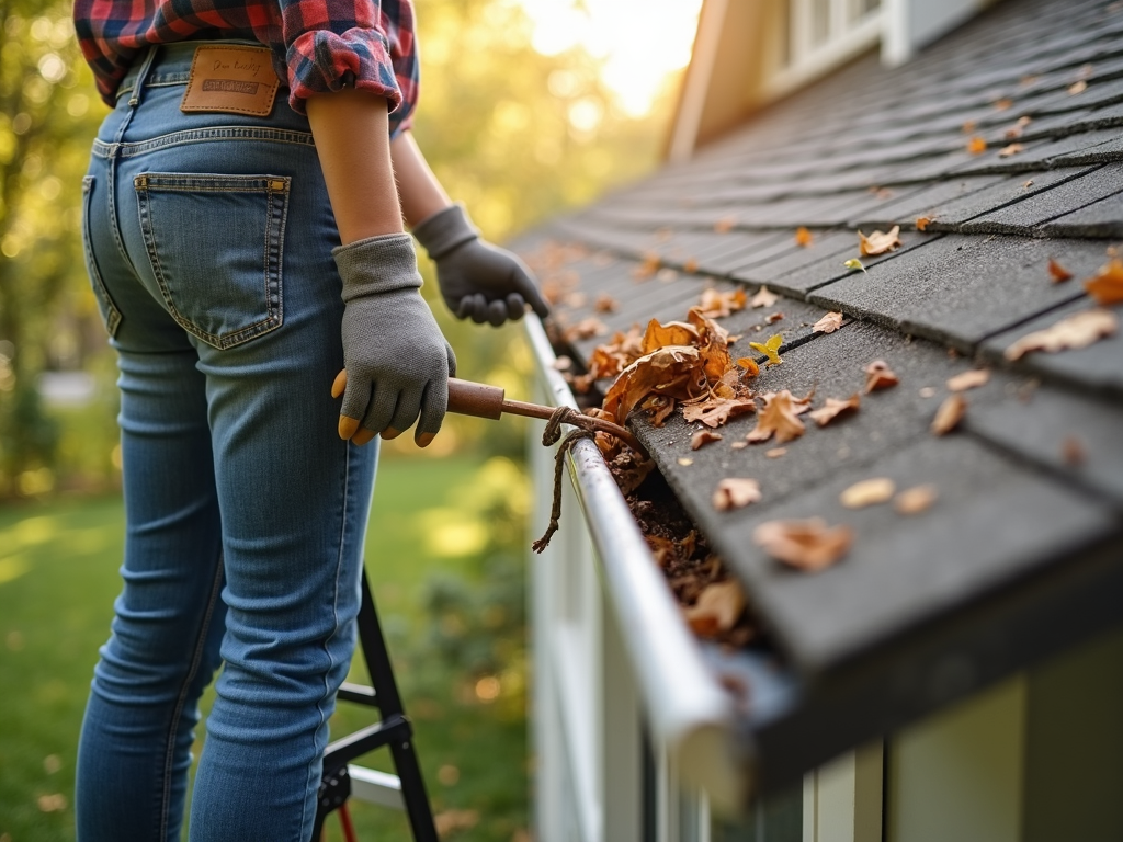 Homeowner performing gutter maintenance