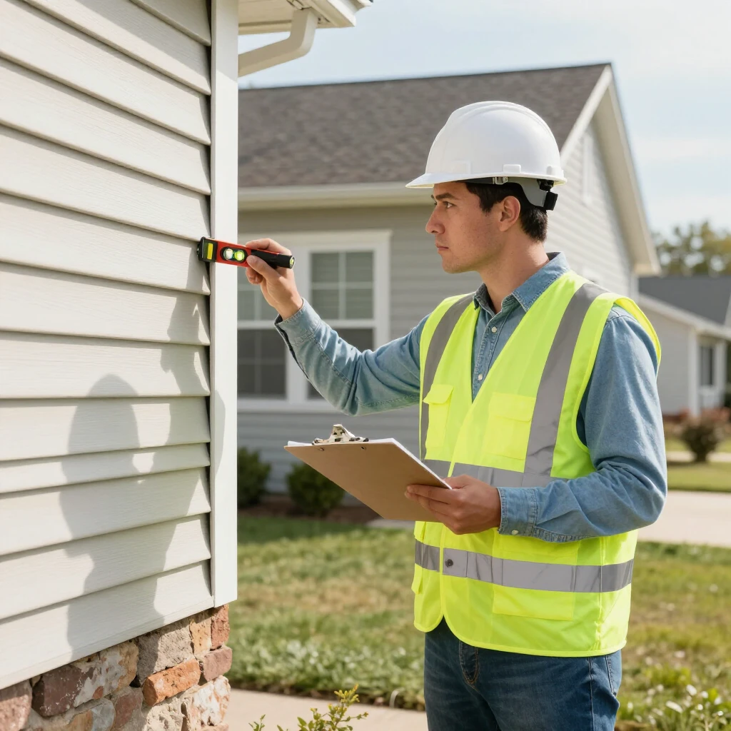 Professional home inspector checking the foundation of a suburban home