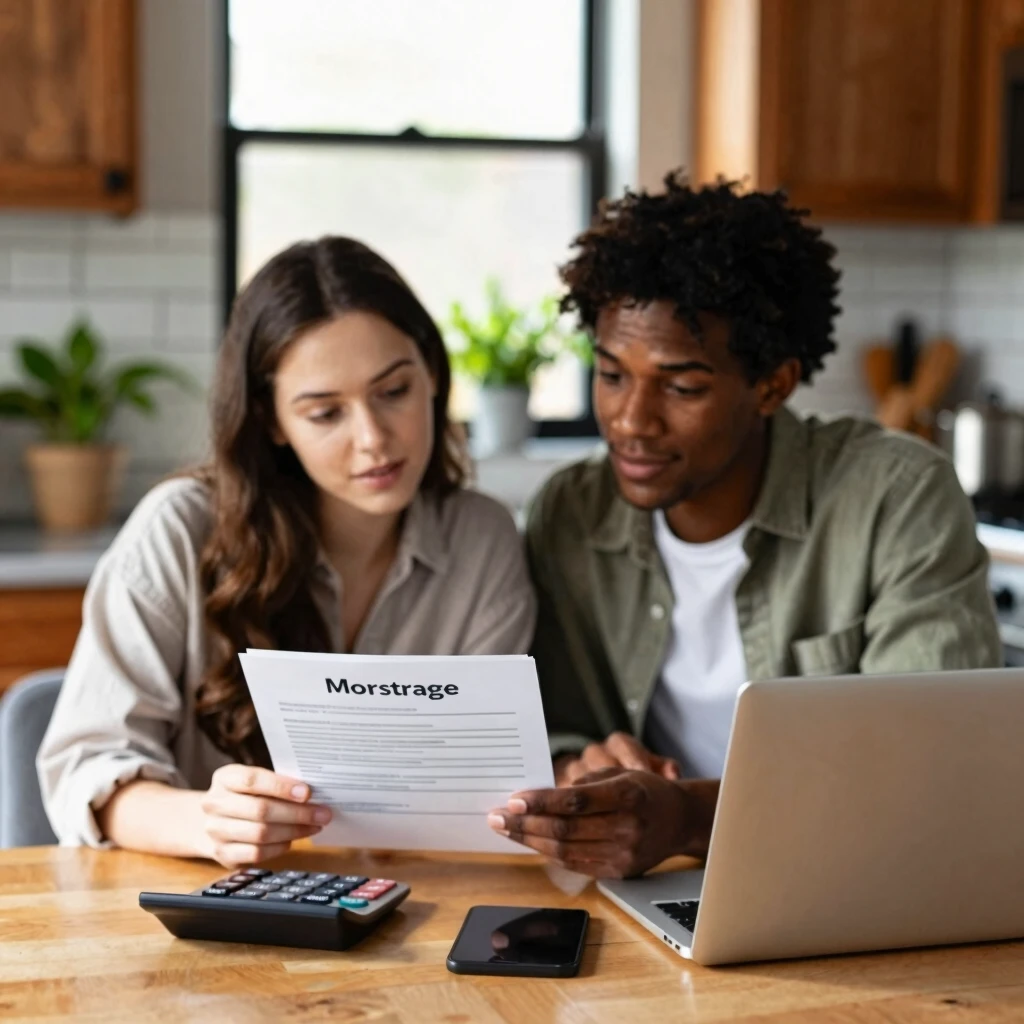 Couple reviewing mortgage application at home