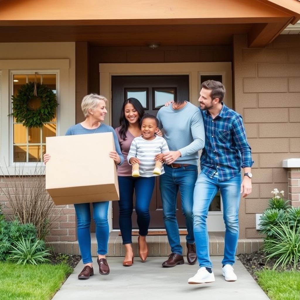 A family happily moving into their new home.