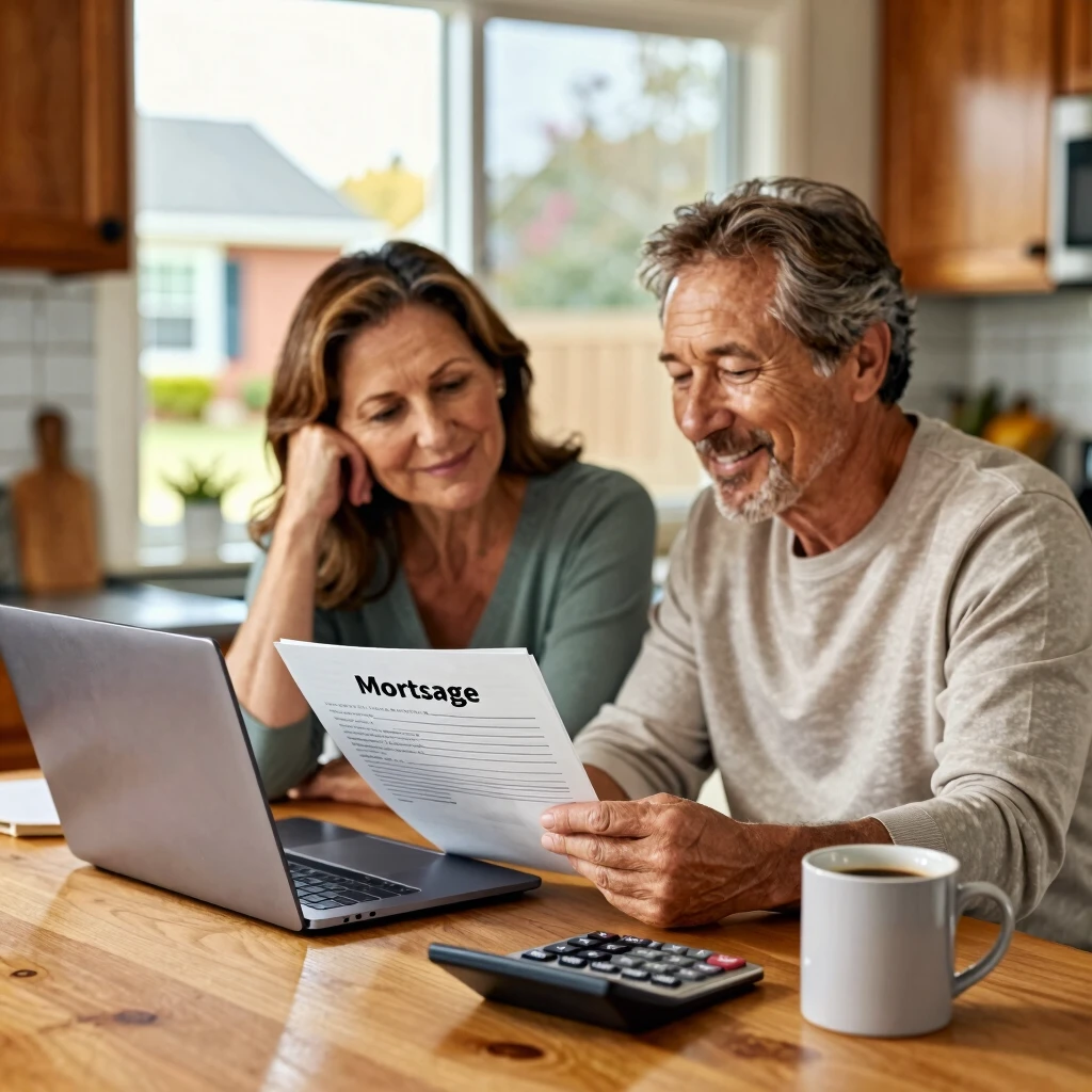 Couple happily reviewing FHA refinance options at home