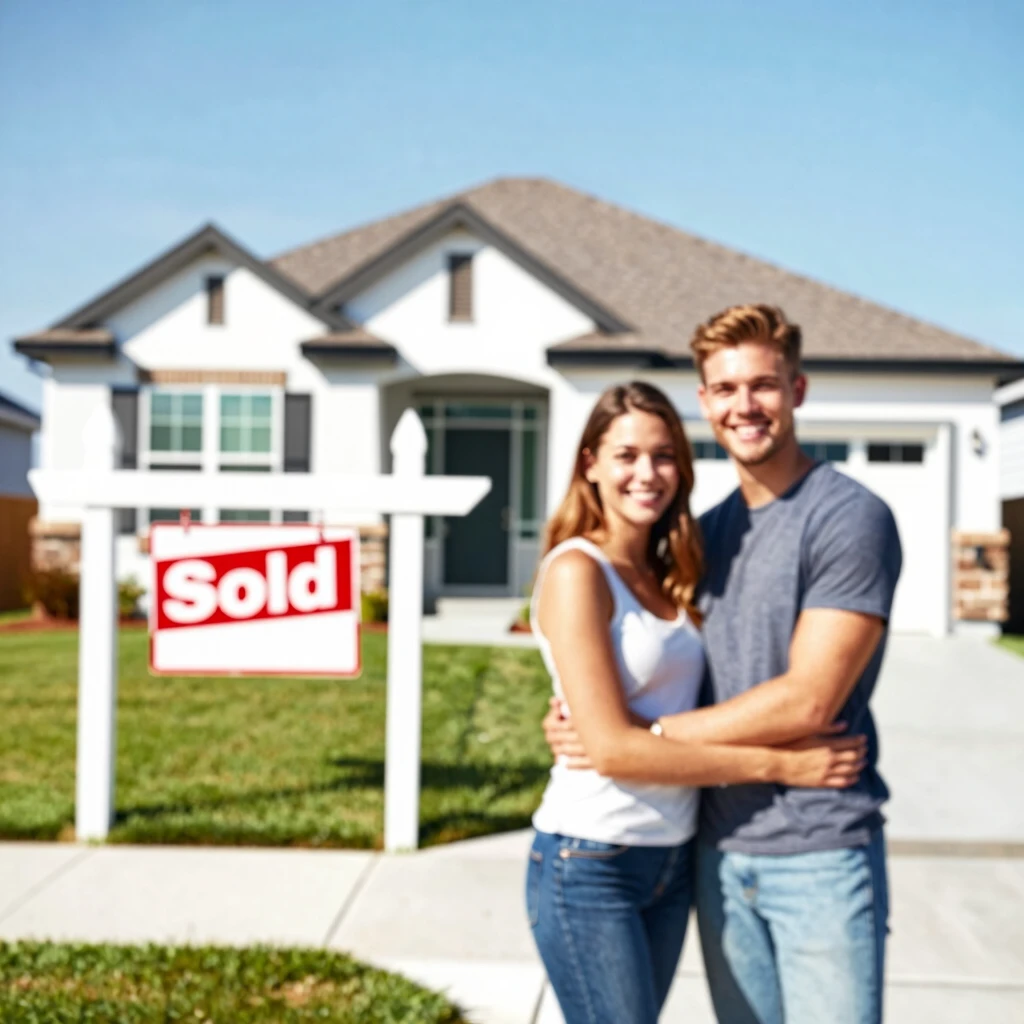 Happy first-time homebuyers in front of their new home with sold sign