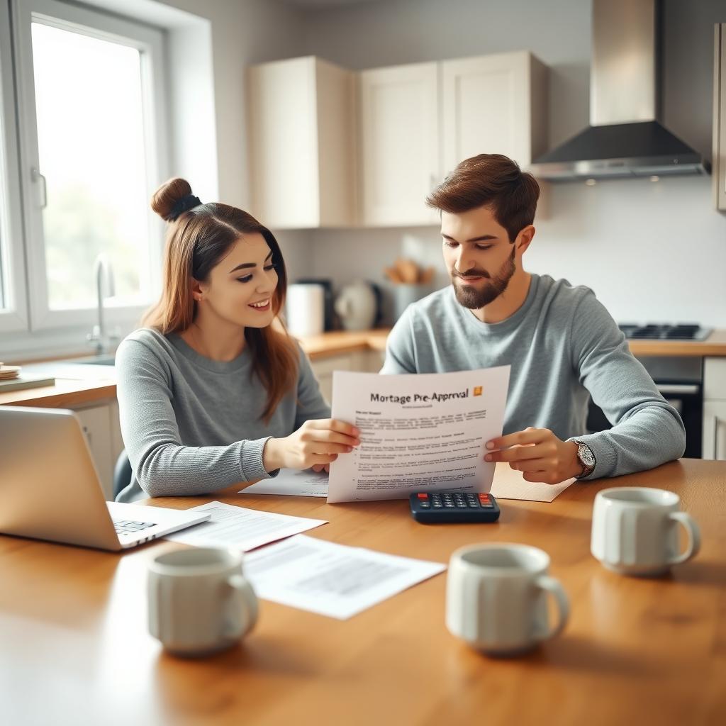 Couple reviewing mortgage pre-approval documents at a kitchen table