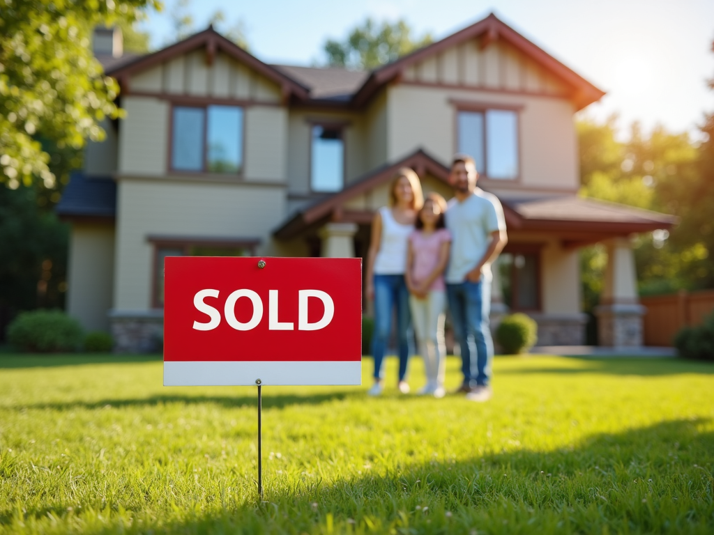 Family in front of new home with sold sign