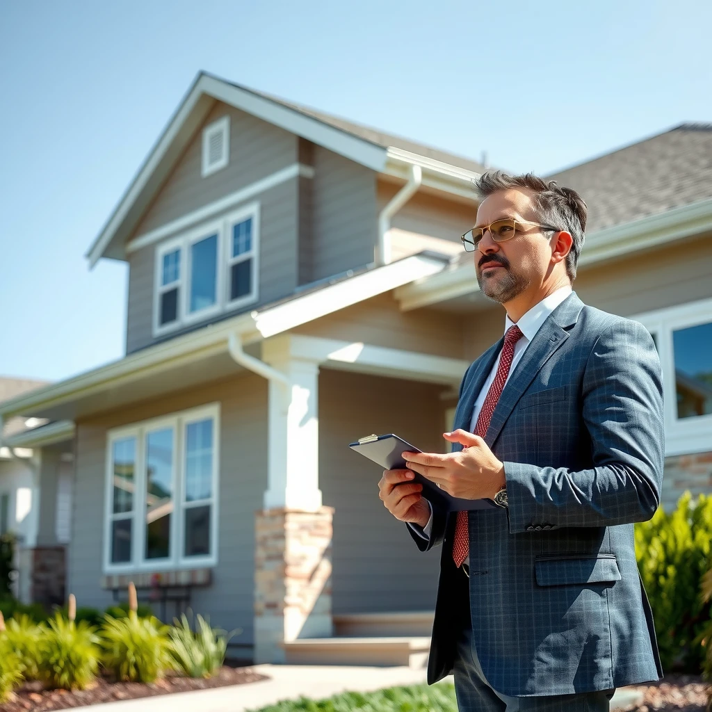 Home appraiser conducting FHA appraisal on suburban house exterior
