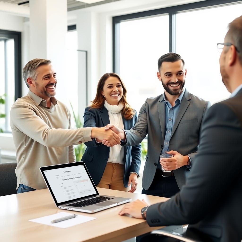 Couple shaking hands with a mortgage lender in an office.
