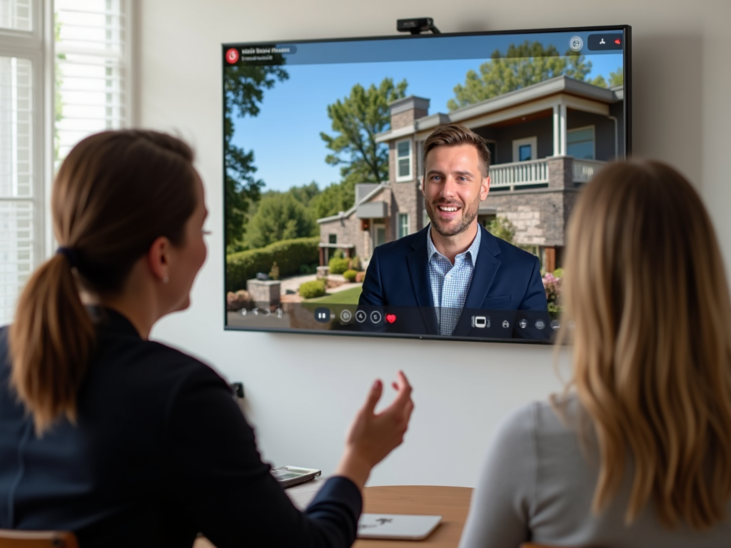 A real estate agent and client discussing a property during a video call with a virtual tour.
