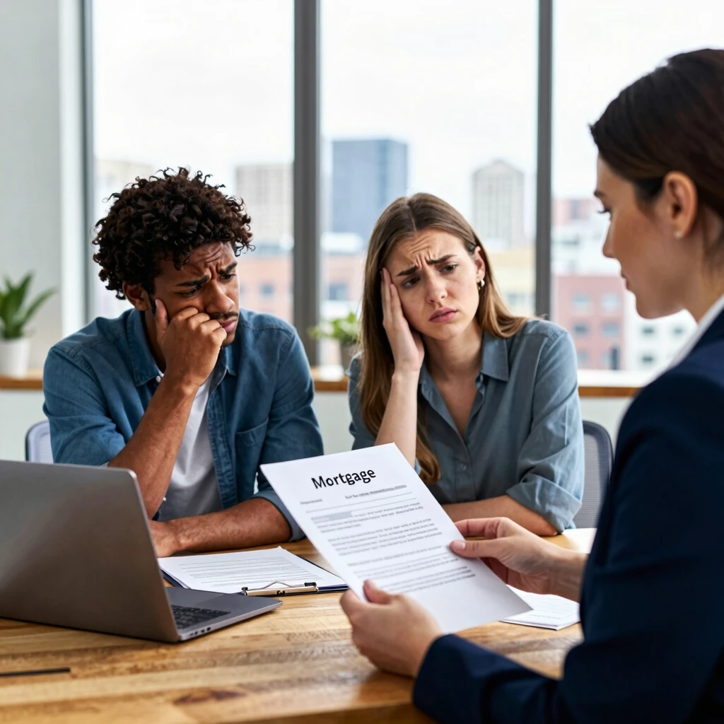 Couple reviewing mortgage term agreement with loan officer