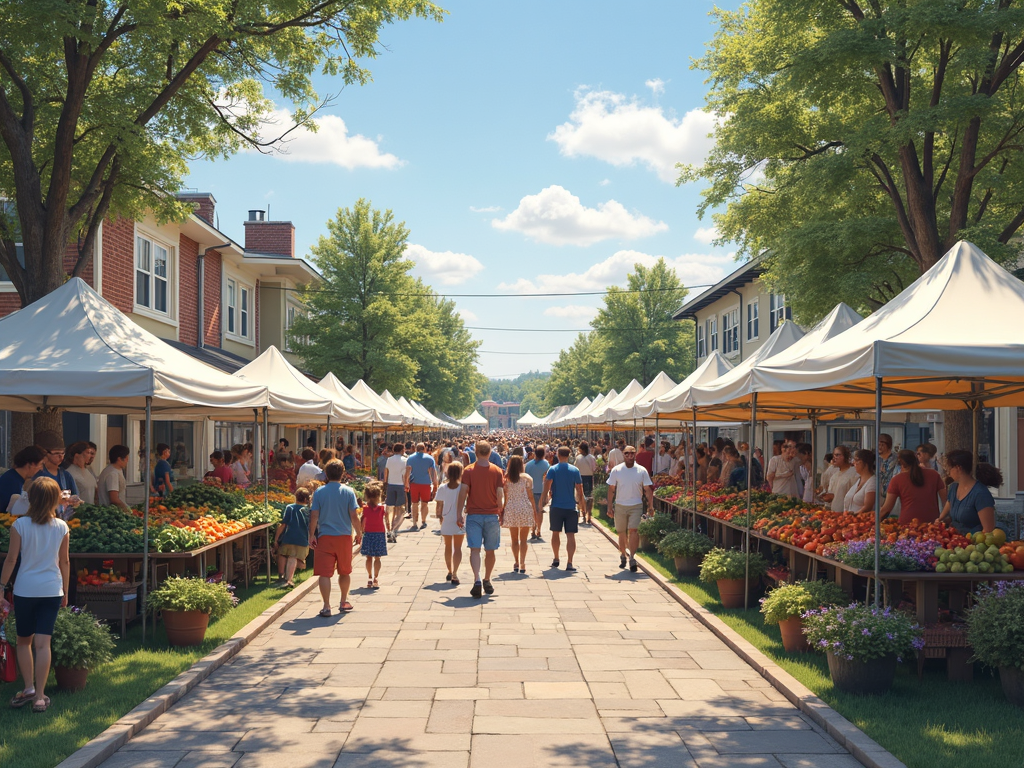 Suburban farmers’ market with homes in the background