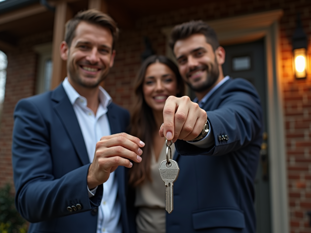 Real estate agent giving keys to new homeowners