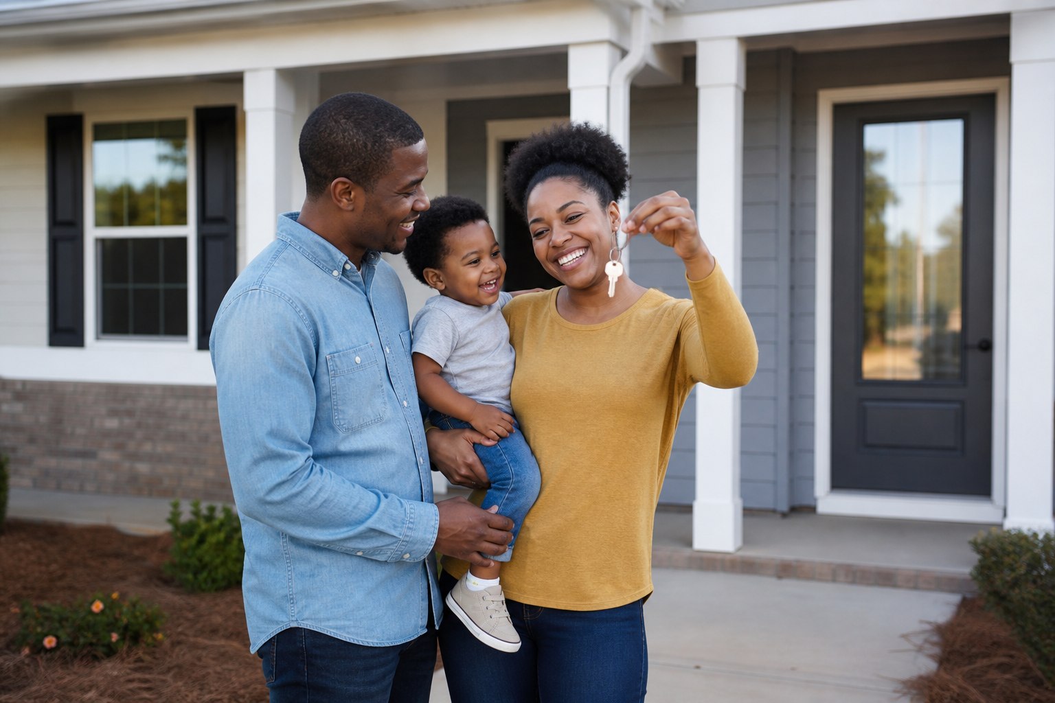 Group of first-time homebuyers celebrating the purchase of their new home with an FHA mortgage