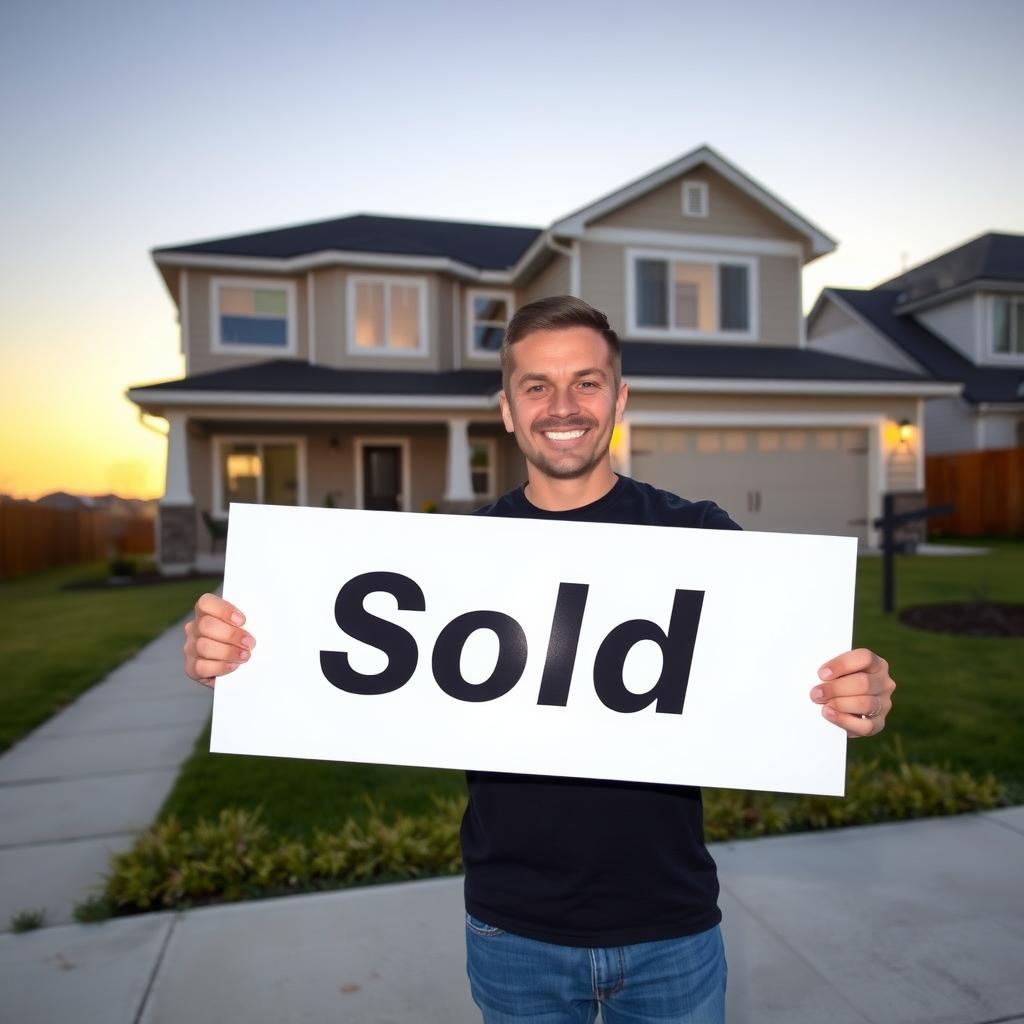 Person holding a ‘Sold’ sign in front of a new home at sunset.