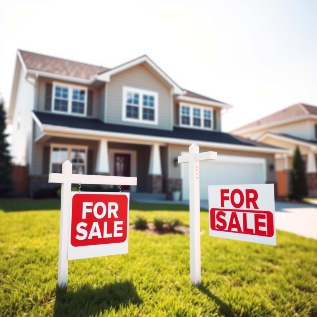Modern suburban home with a 'For Sale' sign in the front yard
