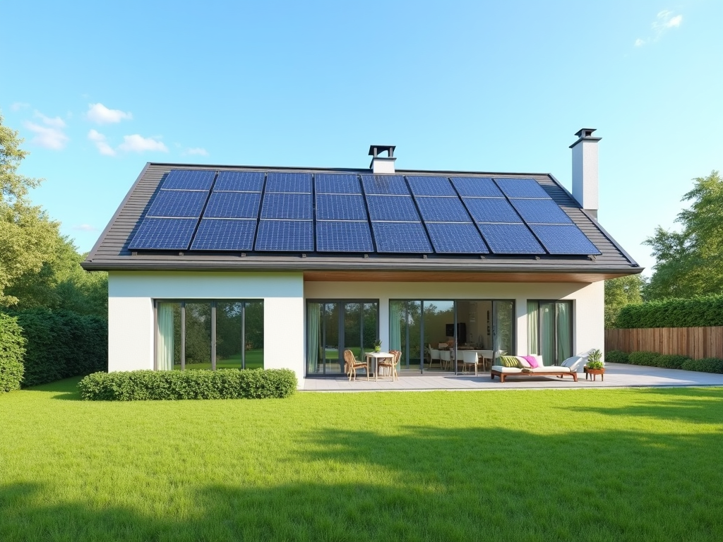 Eco-friendly home with solar panels under a blue sky