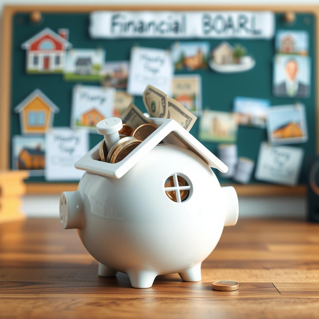 Piggy bank shaped like a house on a desk, symbolizing saving for a down payment.