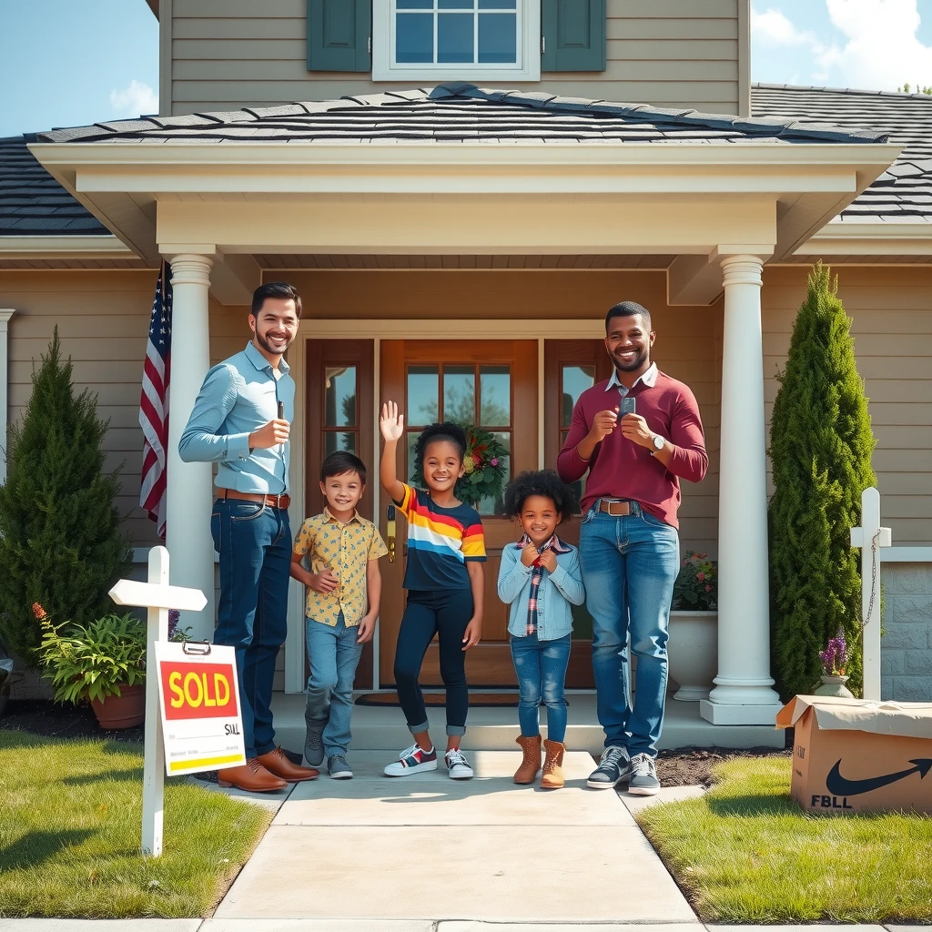 Excited family celebrating the purchase of their new home