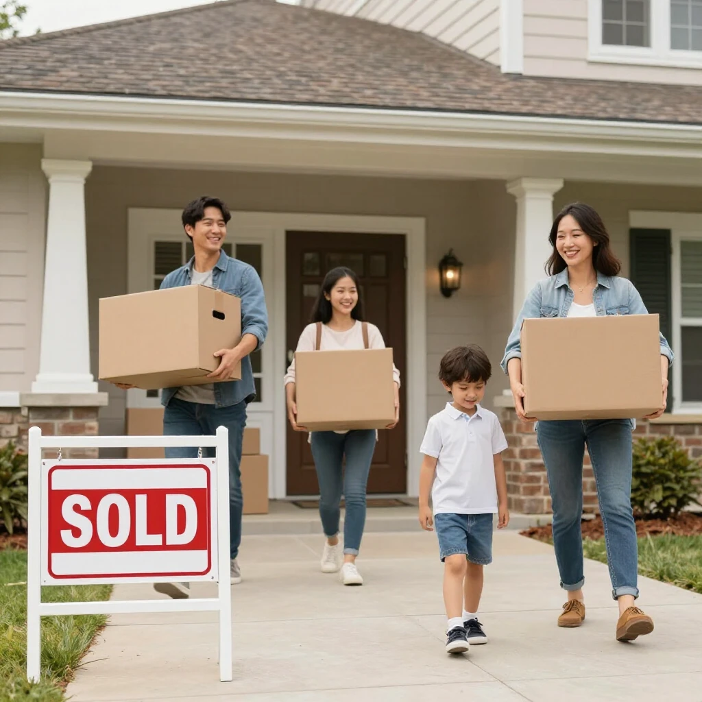 Happy family moving into new home with sold sign in yard