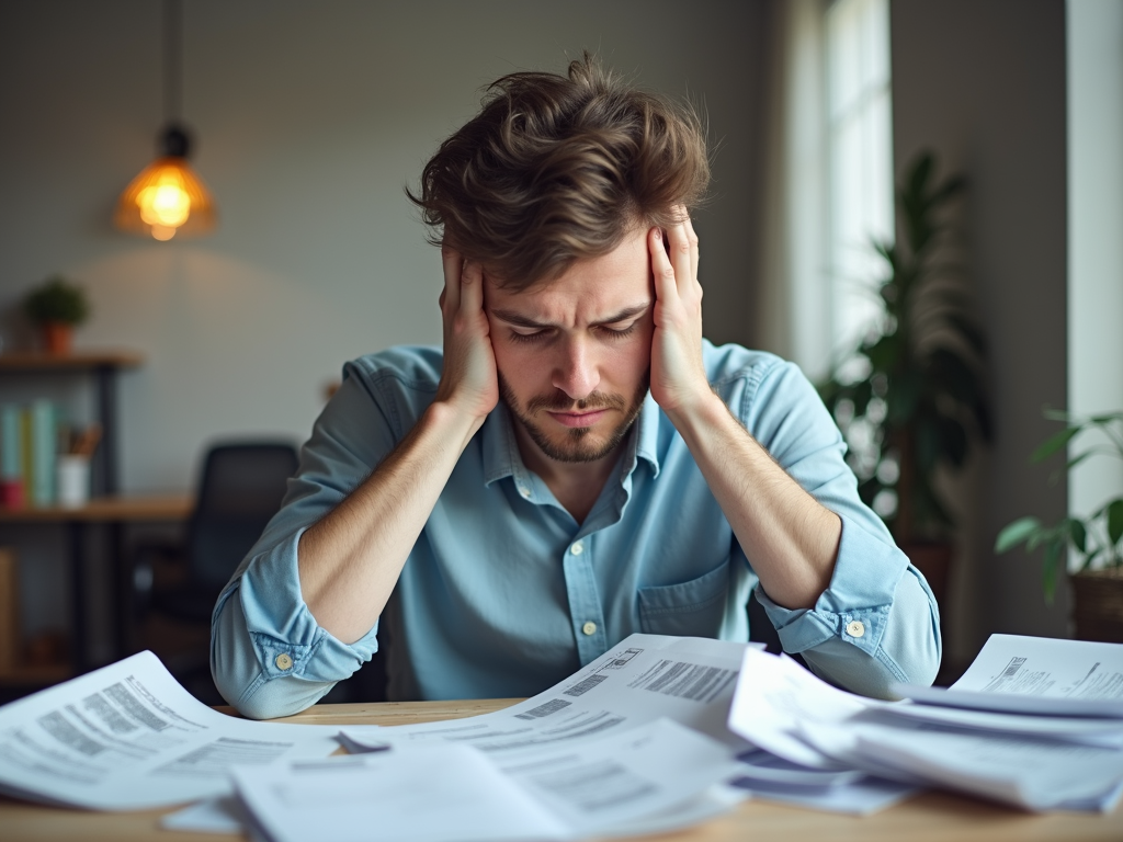 Stressed homeowner reviewing bills