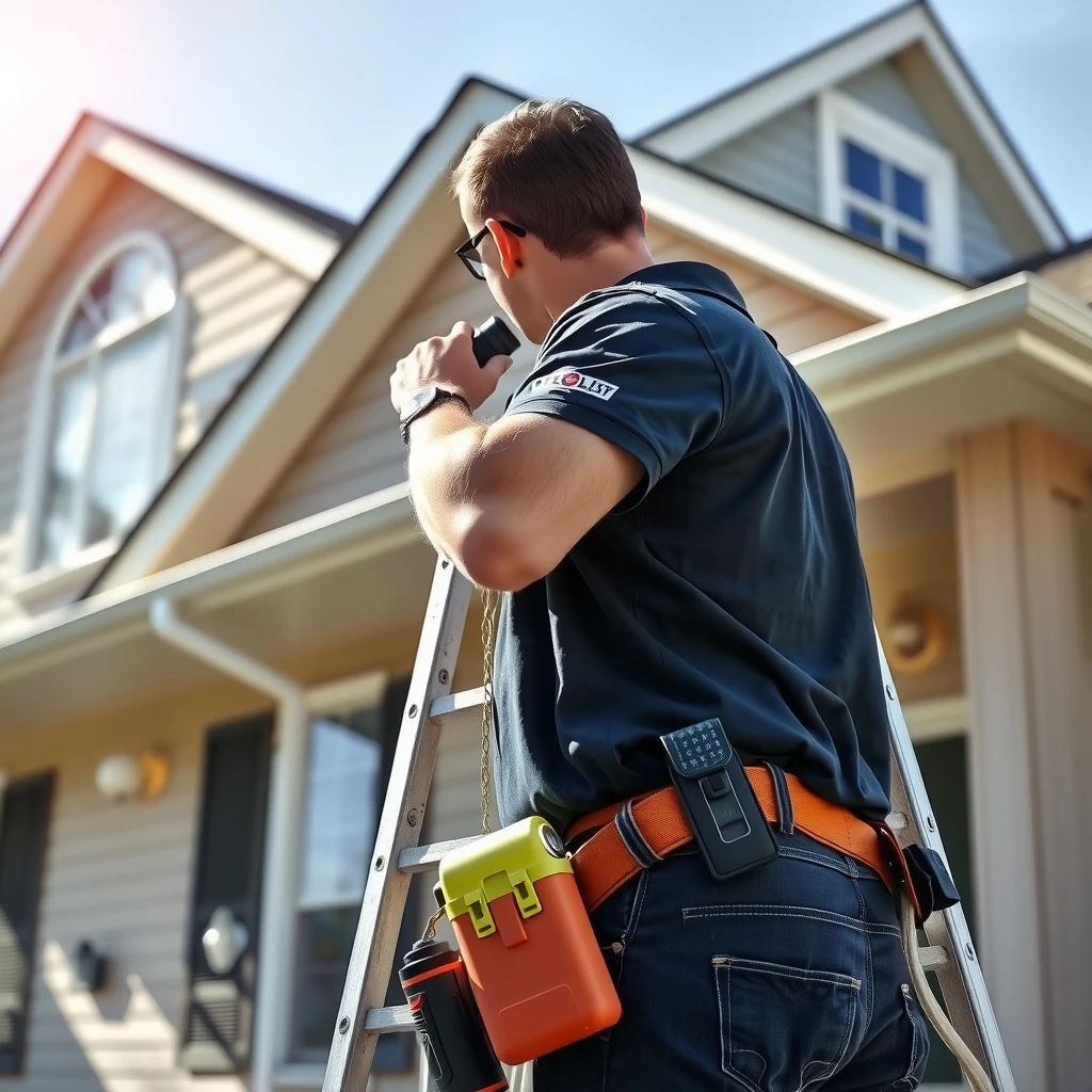 Home inspector carefully examining the roof of a house during a detailed inspection