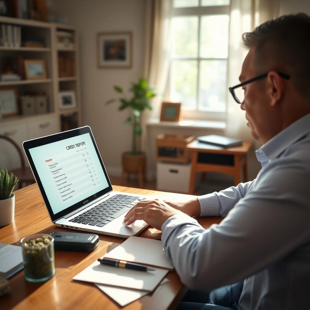 Person reviewing a credit report on a laptop in a cozy home office.