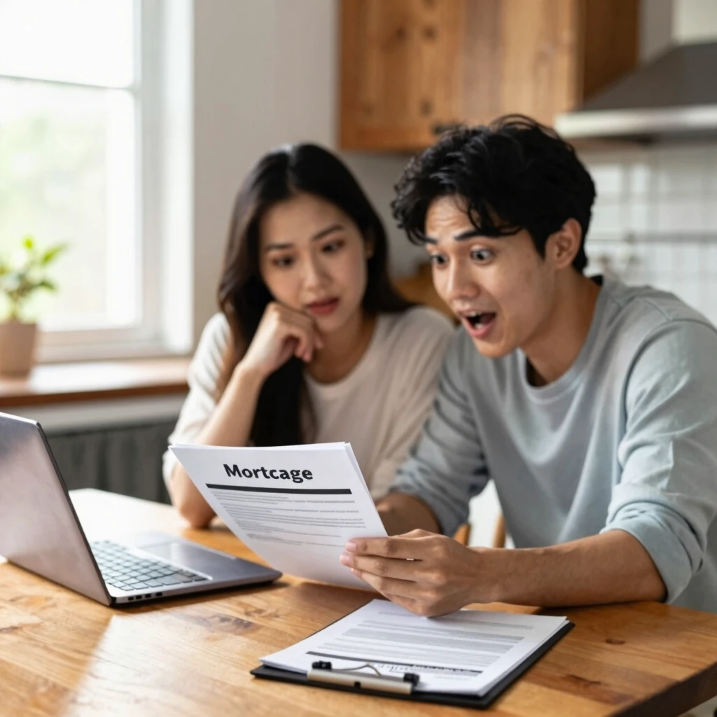 Young couple budgeting for their first home mortgage at kitchen table