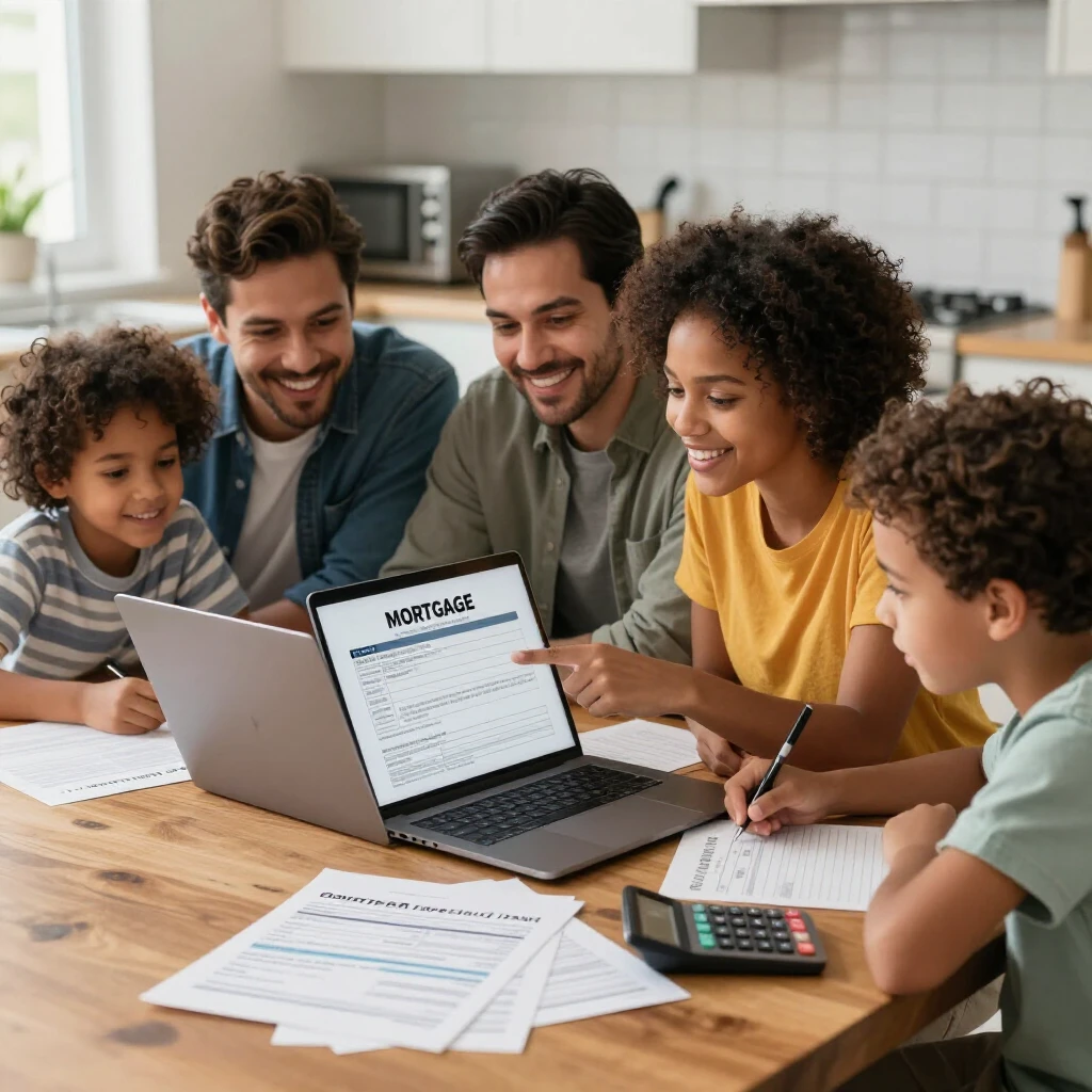 Family exploring FHA mortgage options and credit report at home