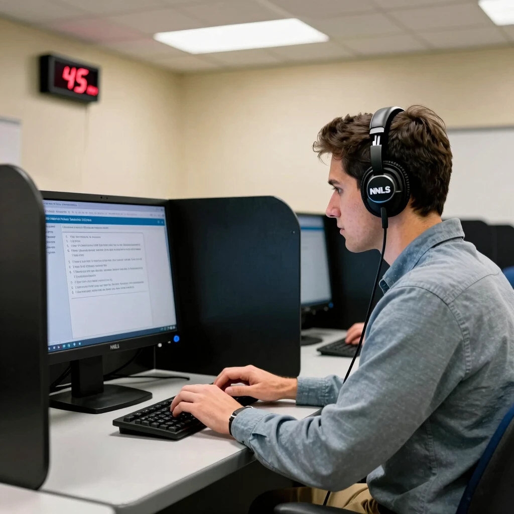 Mortgage broker candidate taking the NMLS licensing exam in a professional testing environment