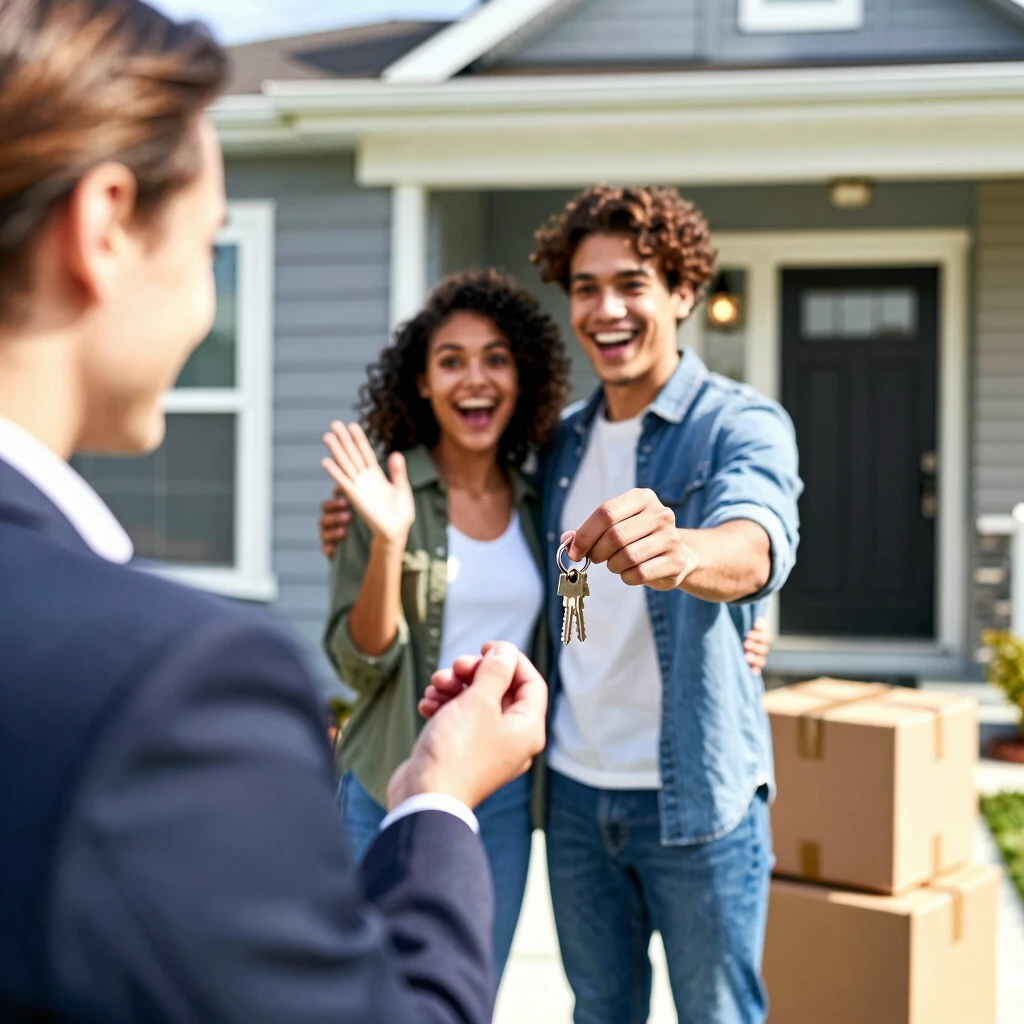 Happy couple receiving keys to their new home
