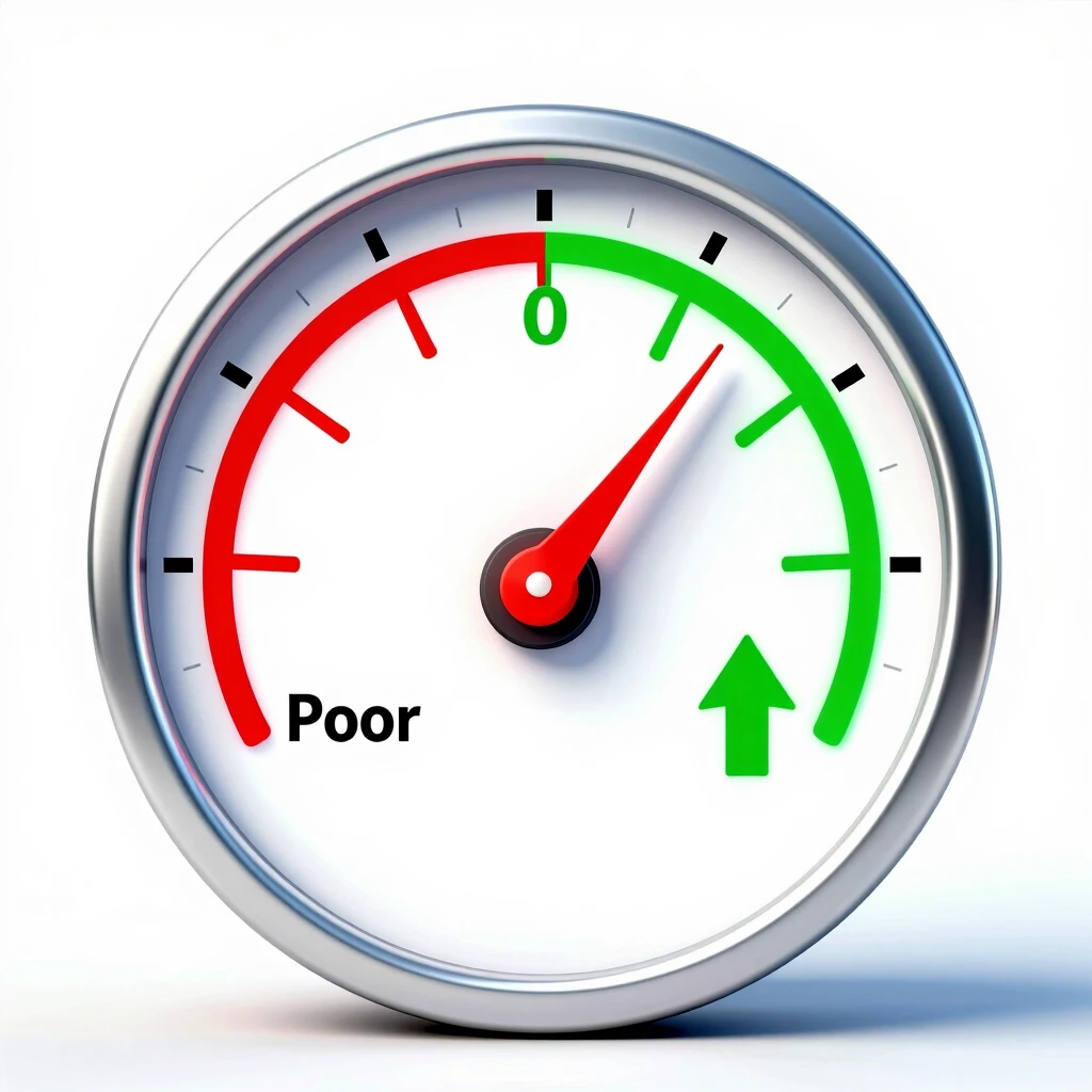 Credit score gauge improving from poor to excellent