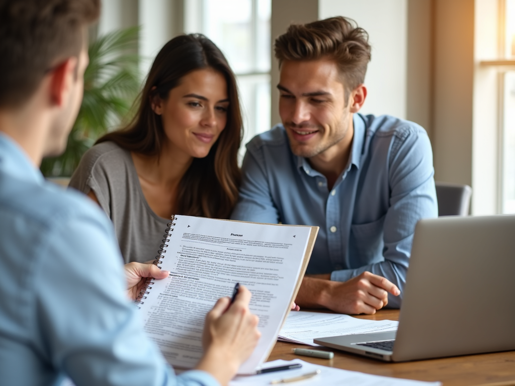 Couple reviewing mortgage terms with loan officer.