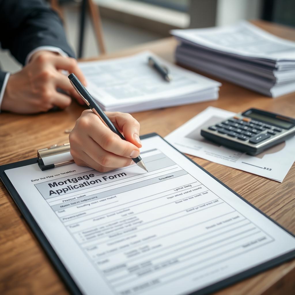 Hand signing mortgage application form with financial documents on a wooden table.