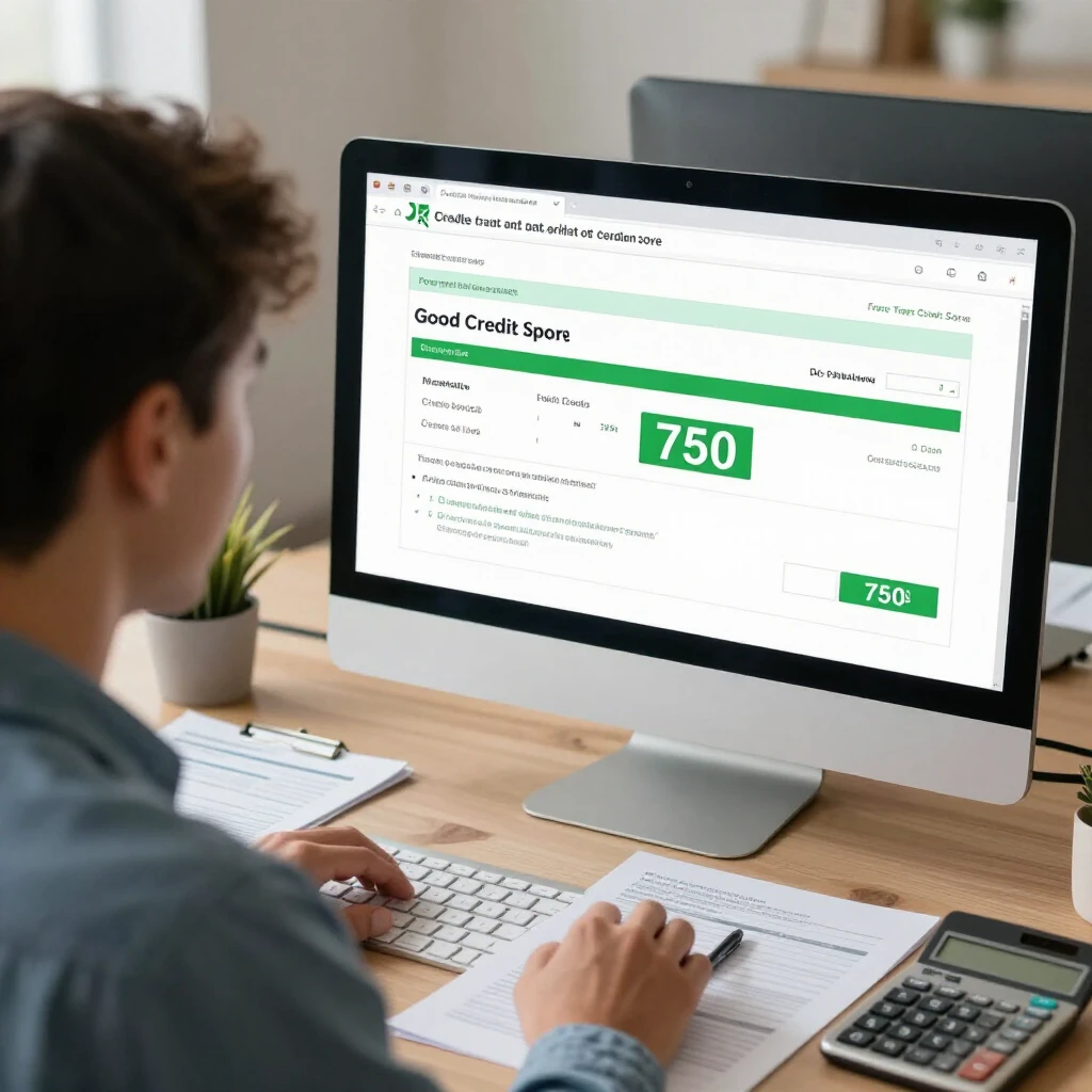 Person reviewing credit report on computer with highlighted good score