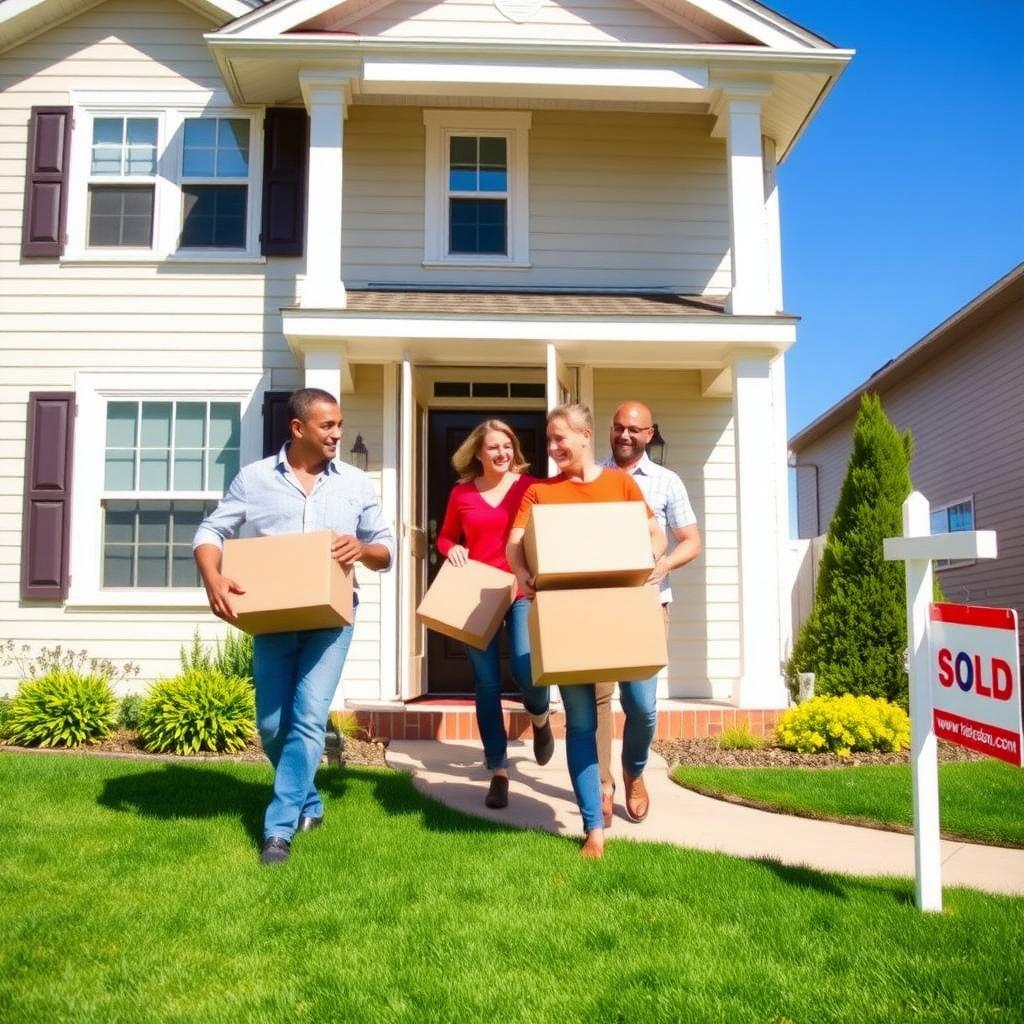 Family moving into a new home with a ‘Sold’ sign in the yard
