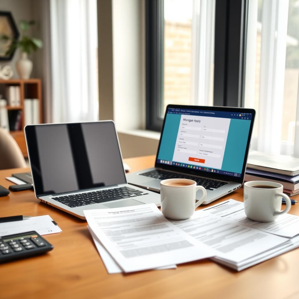 Modern home office with a laptop showing a mortgage application, paperwork, and a calculator on a wooden desk.