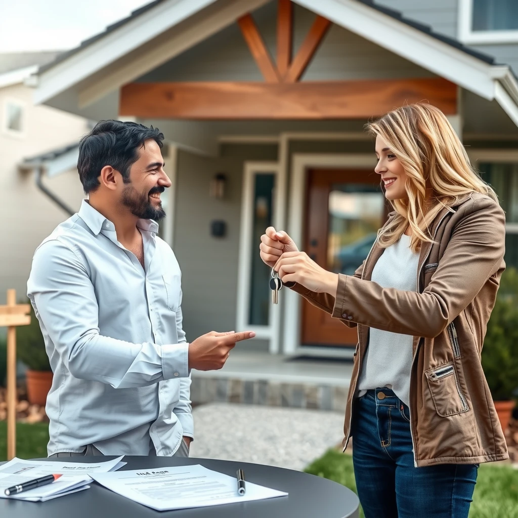 Real estate agent giving keys to new homeowner