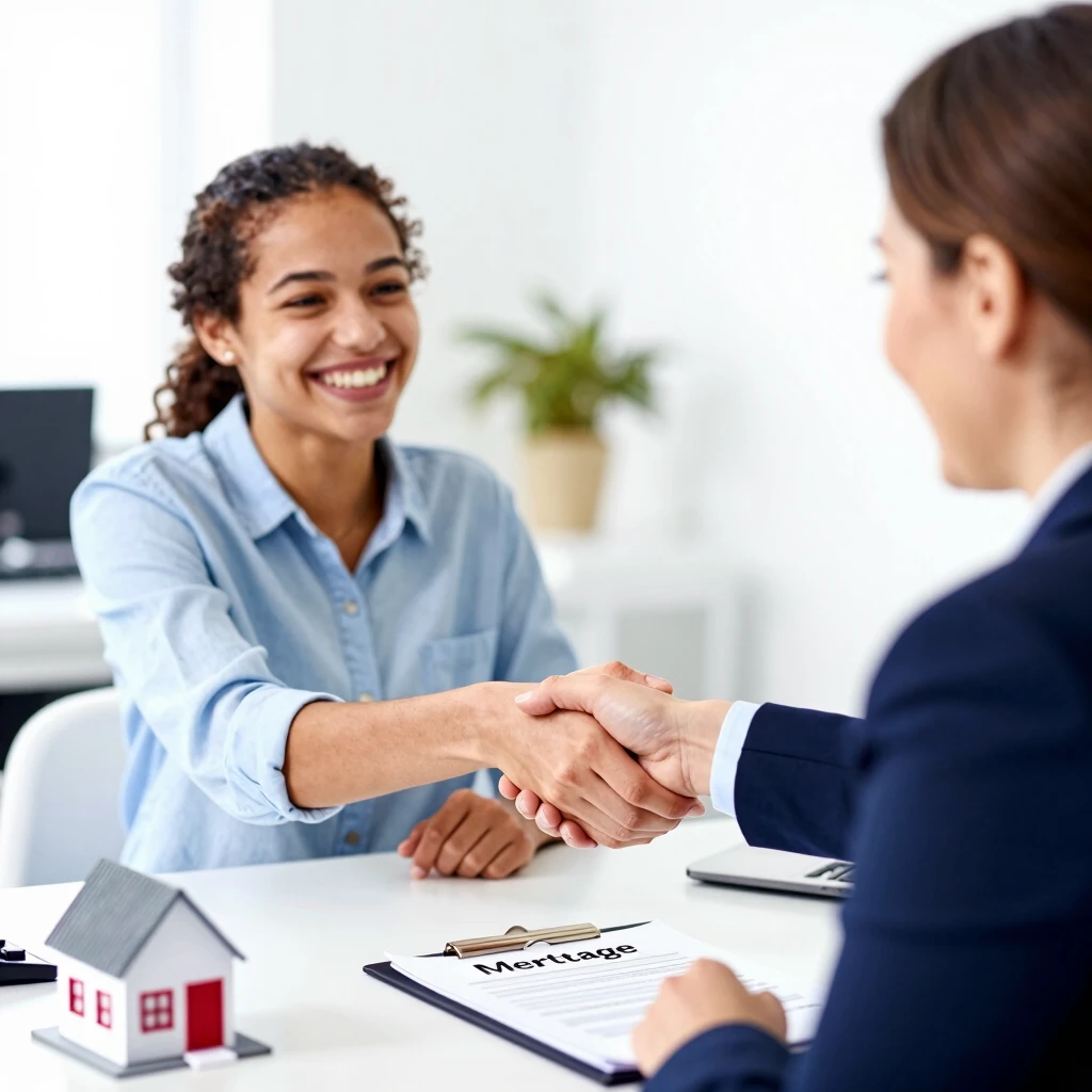 Happy diverse couple signing FHA mortgage papers with loan officer