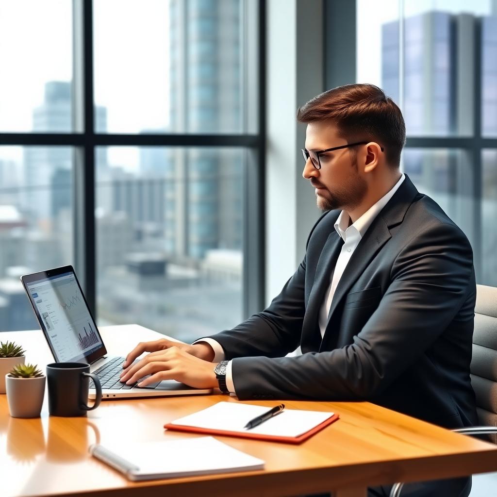 Mortgage broker analyzing social media data on a laptop in a modern office.