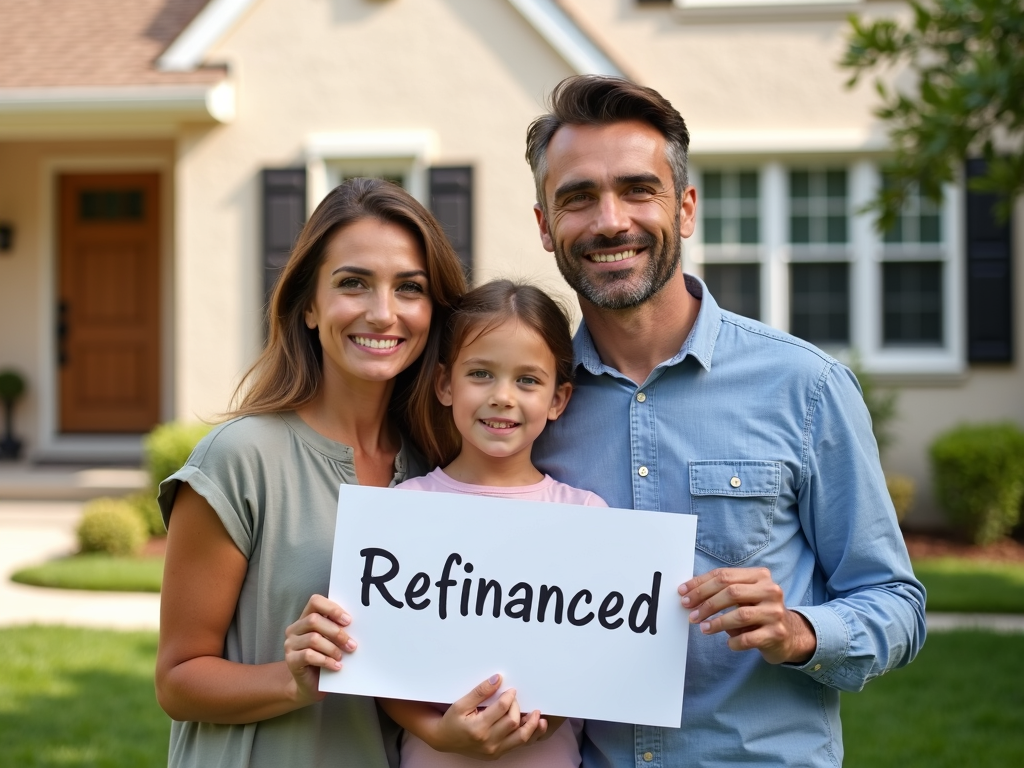 Family celebrating their FHA refinance success in front of their home