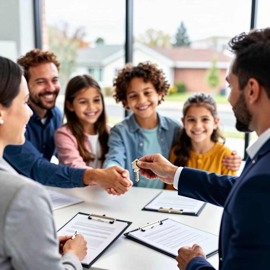 Family closing on their new home with real estate agent