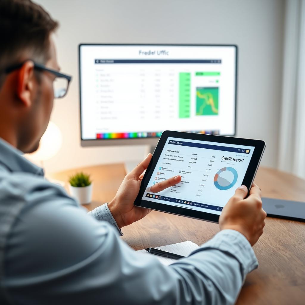 Person checking credit report on a tablet in a home office